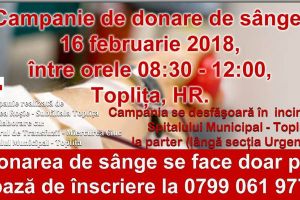 Crucea Roşie – Subfiliala Topliţa organizează o nouă campanie de donare de sânge