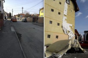 FOTO Țigle smulse de vânt de pe mai multe clădiri din Sibiu. O maşină avariată