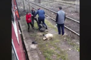 IMAGINI ŞOCANTE! Un tânăr, dat jos din tren şi SNOPIT în BĂTAIE de un „BOACTĂR” şi de un alt călător, într-o gară din Arad (VIDEO)