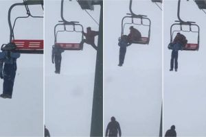 FOTO, VIDEO. Imagini dramatice la Șureanu: O turistă a stat minute bune suspendată în aer după ce bretelele rucsacului i s-au agăţat de telescaun