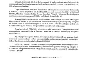 Corpul profesional al Biochimistilor,Biologilor si Chimistilor din Sistemul Sanitar solicita Guvernului emiterea unei OUG pentru salarizarea corespunzatoare responsabilitatilor profesionale