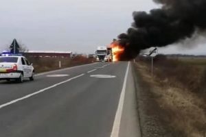FOTO. Incendiu lângă Livada. Un TIR a fost cuprins de flăcări
