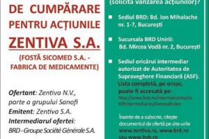 OFERTĂ PUBLICĂ DE CUMPĂRARE PENTRU ACȚIUNILE ZENTIVA S.A (FOSTĂ SICOMED S.A. – FABRICA DE MEDICAMENTE)