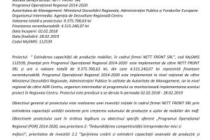 Anunţ începere proiect ”Extinderea capacităţii de producţie mobilier, în cadrul firmei NETT FRONT SRL”