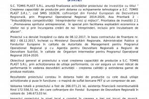 Anunt de presa: Cresterea capacitatii de productie prin dotarea cu  echipamente tehnologice a S.C. TOMIS PLAST S.R.L.