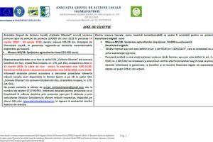 Asociatia Grupul de Acţiune Locală „Colinele Olteniei” anunţă lansarea primului apel de selecţie de proiecte LEADER din anul 2018 în perioada 14 martie 2018 – 24 aprilie 2018, pentru măsura M5/2B din Strategiei de Dezvoltare Locală