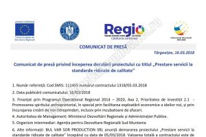 Comunicat de presă privind începerea derulării proiectului „Prestare servicii la standarde ridicate de calitate”