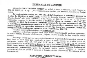 Licitatie publica organizata de B.E.J. Bogdan Ionica“ in vederea vanzarii unui imobil situat in comuna Lumina