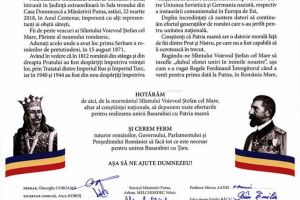 Declaraţie de unire a Basarabiei cu Ţara, semnată joi, la Mănăstirea Putna