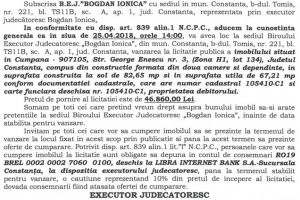 Imobil situat in Cumpana scos la vanzare prin licitatie publica organizata de B.E.J. 