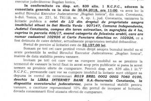 Licitatie publica organizata de B.E.J. Bogdan Ionica“ in vederea vanzarii unui imobil situat in Movila Verde