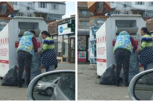 FOTO ȘTIREA TA: Fură cu neruşinare! La Alba Iulia, două femei golesc containerele cu haine donate pentru nevoiaşi