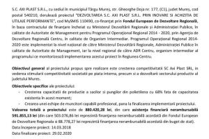 COMUNICAT DE PRESĂ  10.04.2018  S.C. AXI PLAST S.R.L.  anunţă demararea proiectului  “DEZVOLTAREA S.C. AXI PLAST S.R.L. PRIN INOVARE SI ACHIZITIA DE UTILAJE PERFORMANTE”