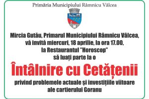 Miercuri, 18 aprilie, de la ora 17.00, primarul Mircia Gutău se întâlneşte cu locuitorii din Goranu