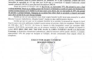 Licitatie publica organizata de B.E.J. Bogdan Ionica“ in vederea vanzarii unui imobil situat in orasul Harsova