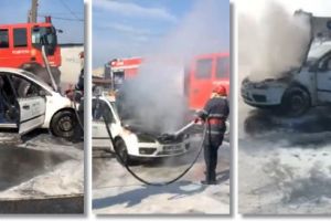 Taximetru cuprins de flacari in zona Pietei Mehala din Timisoara