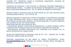 Comunicat de presa: Lansarea proiectului Cresterea si diversificarea capacitatii de productie la SC DAKO DISTRIBUTION SRL, prin achizitia de echipamente specifice