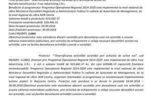 Anunţ începere proiect ”Diversificarea activităţii scietăţii prin achiziţia de active noi”