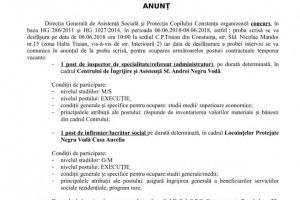 Directia Generala de Asistenta Sociala si Protectia Copilului Constanta organizeaza concurs pentru ocuparea urmatoarelor posturi contractuale temporar vacante