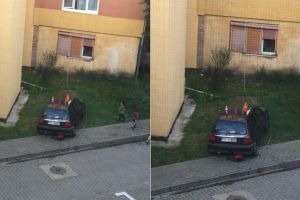 FOTO/ ȘTIREA TA: Spaţiul verde al unui bloc din Alba Iulia, transformat în spălătorie/ curăţătorie de maşini