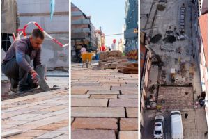 FOTO - A început montarea dalelor de porfir pe strada Republicii din Oradea. Primăria vrea pietonala gata până la vară
