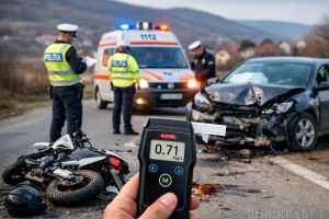 Accident în Lugaşu de Sus: un tânăr fără permis, beat şi pe o motocicletă neînmatriculată a intrat frontal într-o maşină