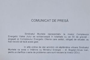 Minerii din Valea Jiului se solidarizează cu greviştii Complexului Energetic Oltenia