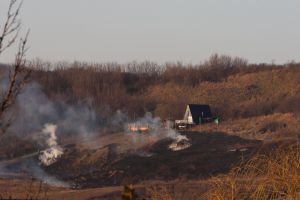 VIDEO Incendiu de vegetaţie într-o localitate din Botoşani. O cabană, ameninţată de foc