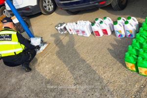 FOTO/VIDEO. Aproape o tonă de insecticide au confiscat poliţiştii în Satu Mare. Marfa era adusă din Ucraina şi ascunsă în maşini