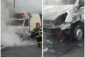 Autoutilitară cu produse congelate, cuprinsă de flăcări în Bucium (FOTO)