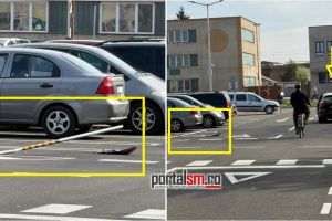 FOTO. Incident în parcarea noului LIDL: indicator rutier doborât, după ce un şofer a trecut cu maşina direct peste el