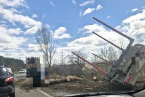 Remorcă încărcată cu buşteni desprinsă pe DN12A, între Oneşti şi Târgu Trotuş; traficul afectat, fără victime