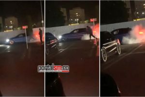 VIDEO. Drifturi şi motoare turate, noaptea, în Satu Mare. Parcarea unui supermarket, transformat în „circuit”