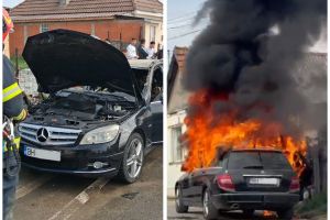 Mercedes cuprins de flăcări în mers, la Aleşd: şoferul a ieşit la timp