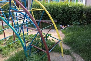 Loc de joacă pentru copii, invadat de buruieni şi mizerie