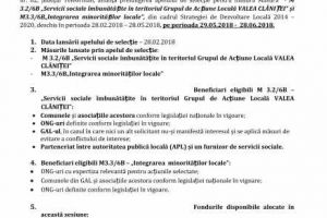 GAL VALEA CLĂNIȚEI anunţă prelungirea apelului de selecţie a proiectelor nr. 1/2018 pe măsurile M3.2/6B „Servicii sociale îmbunătăţite în teritoriul Grupul de Acţiune Locală VALEA CLĂNIȚEI” şi M3.3/6B „Integrarea minorităţilor locale”, pe perioada 29.05 – 28.06.2018.