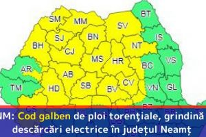 ANM: Cod galben de ploi torenţiale, grindină şi descărcări electrice în judeţul Neamţ