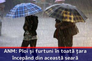 ANM: Informare meteo de ploi şi furtuni valabilă în toată ţara începând din această seară
