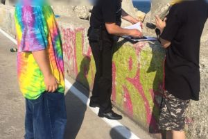 Tineri surprinsi in timp ce desenau cu grafitti pe zidul din parcarea publica aflata in apropierea Portii nr. 1 de acces in incinta Portului Constanta (galerie foto)