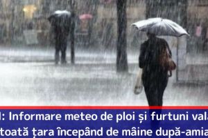 ANM: Informare meteo de ploi şi furtuni valabilă în toată ţara începând de mâine după-amiază