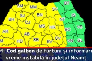 ANM: Cod galben de furtuni şi informare de vreme instabilă în judeţul Neamţ