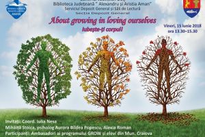 Biblioteca Judeţeană “„Alexandru şi Aristia Aman” găzduieşte vineri, 15 iunie 2018, începând cu ora 13:30, în sala „Acad. Dinu C. Giurescu”, activitatea „About growing in loving ourselves’’