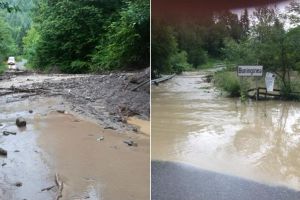 FOTO/ VIDEO: Trafic blocat pe DN 74 Vadu Moţilor – Poiana Vadului, din cauza aluviunilor aduse de pe versanţi. La Buninginea, viitura a luat un garaj şi o maşină