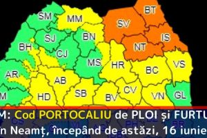 ANM: Cod PORTOCALIU de PLOI şi FURTUNI în Neamţ, începând de astăzi, 16 iunie