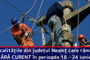 Localităţile din judeţul Neamţ care rămân FĂRĂ CURENT în perioada 18 – 24 iunie