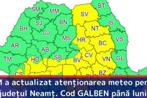 ANM a actualizat atenţionarea meteo pentru judeţul Neamţ. Cod GALBEN până luni, 18 iunie
