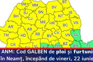 ANM: Cod GALBEN de ploi şi furtuni în Neamţ, începând de vineri, 22 iunie