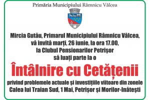 Marţi, 26 iunie, de la ora 17.00, primarul Mircia Gutău se întâlneşte cu locuitorii din cartierele Petrişor, ”1 Mai”, Calea lui Traian Sud şi Morilor-Inăteşti