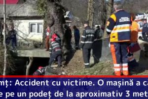Neamţ: Accident cu victime. Un autoturism a căzut de pe un podeţ de la aproximativ 3 metri