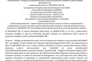 Anunţ începere proiect ” Achiziţie de echipamente pentru servicii de proiectare instalaţii în cadrul societăţii INSTADRAFT SRL